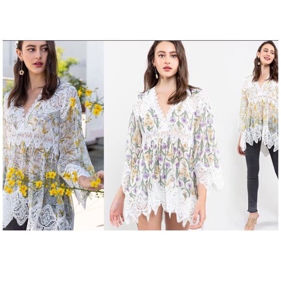 YELLOW floral printed woven tunic with lace trim - Picture 12 of 13